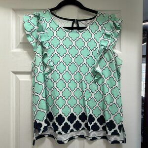 Crown & Ivy Aqua and Navy Geometric Print Ruffled Shirt Size M